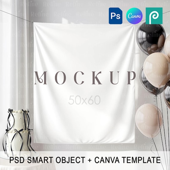 60x50 Tapestry Banner Mockup, Fabric Backdrop Birthday Graduation Party Sign PSD Canva Template