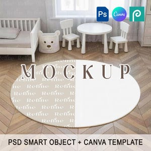 Runder Teppich Mockup PSD, Kinderzimmer Teppich PNG Canva Mockup, Boho Kreis Teppich Mockup, Textil Stoff Mockup, leerer Baby Teppich Design Mockup