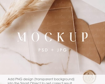 Acrylic Invitation Mockup, Transparent Wedding Card PSD Template, 5x7 Boho Greeting Card Certificate Mockups