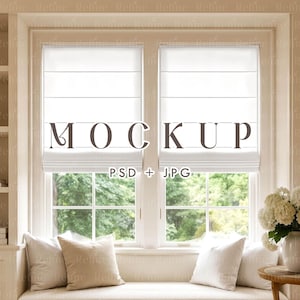 May include: A bright, airy window seat with white Roman shades and a view of greenery. The word "MOCKUP" is displayed across the window. Soft pillows and a vase of white flowers add to the inviting atmosphere. Text reads "PSD + JPG".