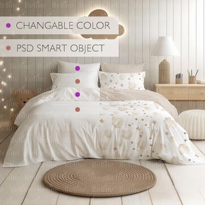 May include: White bedding with a gold star and cloud pattern. The bedding is on a bed with a brown headboard and a brown rug. There is a brown lamp on a nightstand next to the bed.