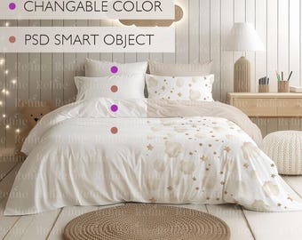 Bedding Mockup, Duvet and Pillow Cover PSD Mock up, Toddler or Kids Bed Set Template, Blank Boho Bedding Display, Editable Linen Mock-up