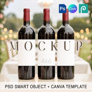 Red Wine Bottle Label Mockup, 4x6 Sticker Mockup PSD Canva, Three Bottle Labels Mock-up, Drink Label Mockups Bandle, Wrap Wine Bottle Mockup