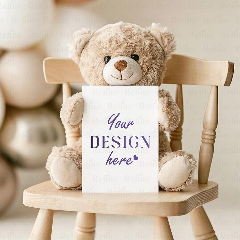 Peut inclure: Un ours en peluche brun clair est assis sur une chaise en bois, tenant une carte blanche avec le texte "Your DESIGN here" en violet. L'ours a un nez cousu et des yeux noirs. La chaise est en bois clair.