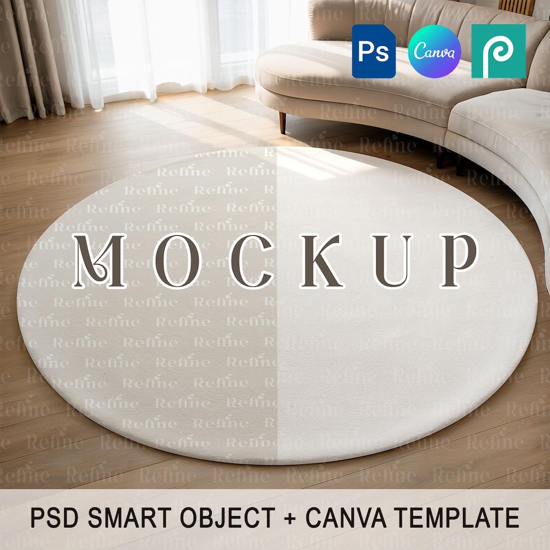 Round Rug Mockup PSD Canva, Living Room Area Carpet Template, Floor Mat ...