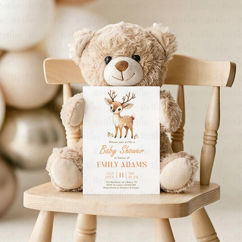 Peut inclure: Une invitation de baby shower avec une illustration de cerf, tenue par un ours en peluche sur une chaise en bois. L'invitation indique "Baby Shower" et comprend le nom "Emily Adams", la date, l'heure et les d&eacute;tails RSVP. L'ours en peluche est brun clair.