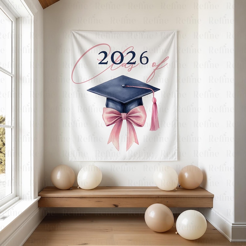 K&ouml;nnte beinhalten: Ein wei&szlig;es Banner mit dem Text "2026 Class of" und einer marineblauen Abschlusskappe mit rosa Schleife und Quaste. Mehrere beige Luftballons liegen auf dem Boden und eine Holzbank.