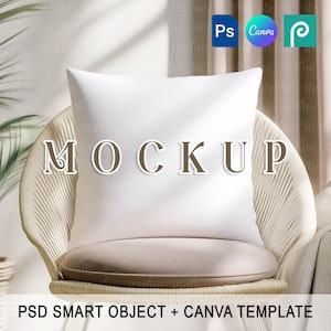 Pillow Mockup, Square Cushion PSD Template, Boho Fabric Pillow Mockup, Blank White Pillow Mock-up, Farmhouse Design Textile Pattern Mock-up