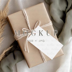 May include: A brown gift box tied with twine and a blank white gift tag that says "MOCKUP PSD + JPG". The box is on a white and green fabric background.