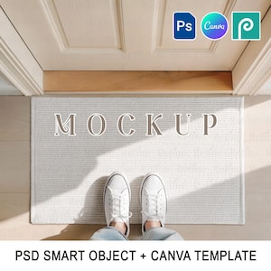 Doormat Mockup PSD & PNG for Canva, 30x18 Sublimation Welcome Mat, Rustic Floor Mat Template, Blank Entry Rug Digital Drag and Drop Mock-up