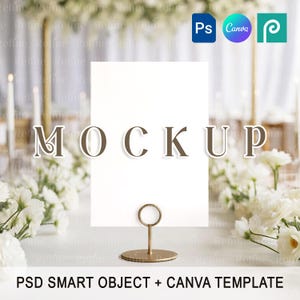 Elegant Wedding Table Number Card Mockup PSD Canva, 5x7 Table Sign Mock-up, Place Card or Menu Mock-up, Tabletop Invitation Sign Mockup
