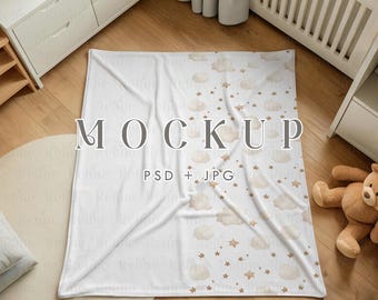 Baby Blanket Mockup, Nursery Fleece Blanket PSD, Kids Room Throw Blanket Mock-up, Newborn Bedding Blanket Mock-up, Fleece Blanket Mockup
