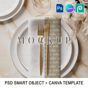 May include: Overhead shot of a table setting with white plates, gold cutlery, and a folded napkin. The plates have gold rims. The word "MOCKUP" is printed on the napkin. The text "PSD SMART OBJECT + CANVA TEMPLATE" is at the bottom.