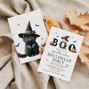 May include: Two Halloween party invitations. One features a black cat wearing a witch hat, the other says "BOO" with a ghost and pumpkins. The invitations have orange stars and bats.