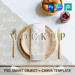Tablecloth and Napkin Mockup PSD PNG, Dining Table Textile Mockup, Kitchen Linen Canva Template, Boho Placemat Napkin Table Setting Mock-up