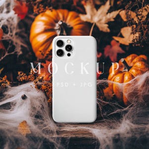 Halloween Phone Case Mockup, Autumn iPhone 15 Case Mockup, Fall Pumpkin Case PSD, Spooky Phone Cover Mockup, Mobile Case Template JPG PSD