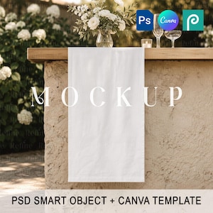 May include: A white rectangular mockup towel hangs from a stone and wood bar, with the word "MOCKUP" printed on it. The bar is decorated with a vase of white flowers, glassware, and candles. The text "PSD SMART OBJECT + CANVA TEMPLATE" is at the bottom.
