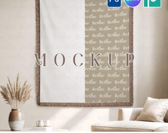 Woven Blanket Mockup, Boho Throw Blanket PSD Canva Template, Wall Tapestry Mock-ups