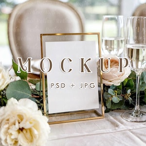 Wedding Table Number or Place Card Mockup, 5x7 Table Sign Mockup, Gold Frame PSD, Bar Menu or Tabletop Invitation Sign Template Mockup