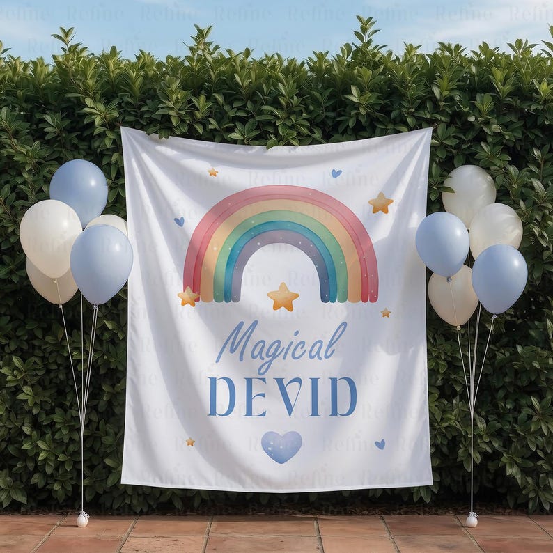 May include: A white banner with a rainbow design, stars, and the text "Magical DEVID" in blue. The banner is decorated with blue and white balloons. The background is a green hedge.