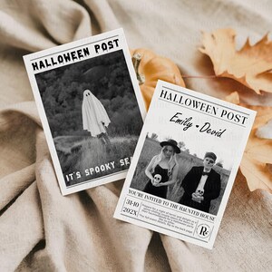 May include: Two Halloween-themed posters. One features a ghost in a field with the text "HALLOWEEN POST" and "IT'S SPOOKY SE". The other poster has a couple holding skulls, with the text "HALLOWEEN POST" and "Emily - Devid".