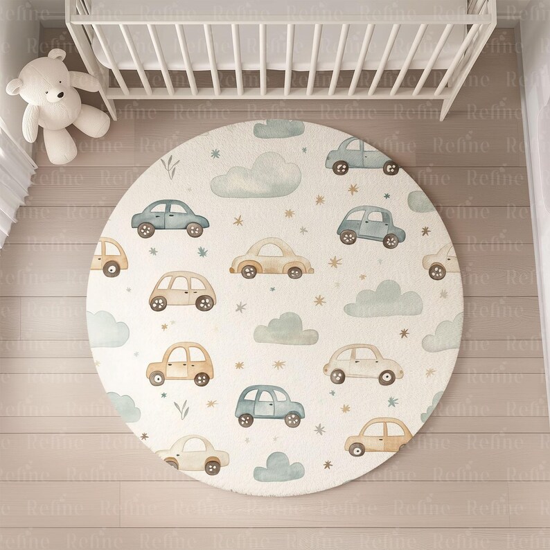 May include: A round, cream-colored play mat with a watercolor design of blue and brown cars, clouds, and stars.