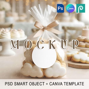 May include: A clear plastic bag filled with cookies, tied with a brown ribbon. The bag is sitting on a table with a white circle label. The text "MOCKUP" is printed on the table. The image is a mockup for a cookie packaging design.