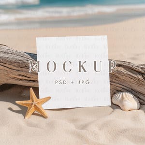 Maquette de carte carrée, maquette de carte d'invitation à la plage, maquette de carte de voeux, carte de mariage d'été PSD, maquette numérique de modèle de carte-cadeau