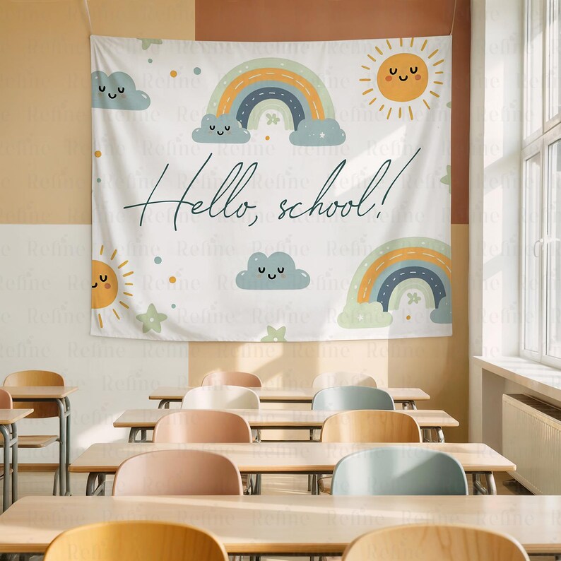 May include: A classroom scene featuring a white banner with a rainbow, sun, and cloud design. The banner reads "Hello, school!" in cursive. Wooden desks and chairs fill the foreground, with a window on the right.