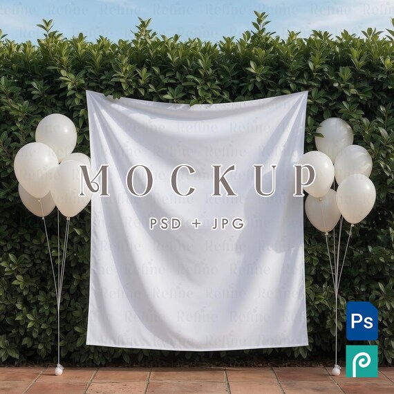 Outdoor Tapestry Mockup, Wedding Backdrop Banner Template, 50x60 Fabric Party Sign PSD