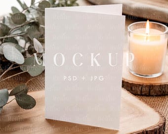 Maqueta de tarjeta de invitación plegada (PSD), maqueta de programa de boda boho, maqueta de tarjeta de felicitación vertical (PSD), maqueta de folleto de ceremonia plegado, maqueta de tarjeta doblada
