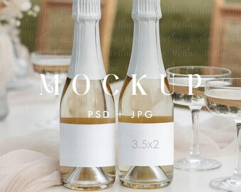 Mini Champagner Flasche Etikett Mockup, Wein Aufkleber PSD Vorlage, Doppel Etikett Photopea