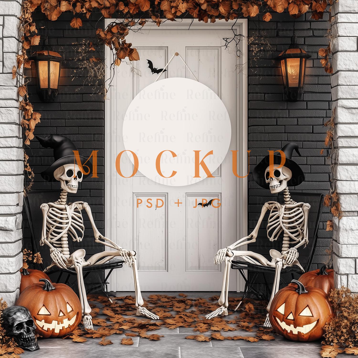 Front Door Wood Sign Mockup, Halloween Party Welcome Sign Mockup, Spooky Round Hanging Sign Mock Up, Halloween Door Sign PSD Smart Object