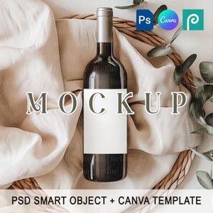 Wine Bottle Label Canva Mockup, PSD Smart Object Wine Mockup 4x6 Wine Bottle Label Template, Elegant Boho Wine Sticker Branding Mockup