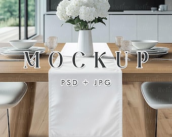 Table Runner Mockup PSD, Kitchen Dining Linen Template, Table Cloth Mock-ups Textile Display
