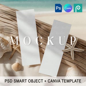 Maqueta de tira de fotos de playa, marcapáginas de 2x6 para boda o baby shower de verano PNG, maqueta de tarjeta para fotomatón Canva, tira de fotos doble estilo bohemio PSD