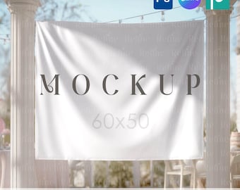 60x50 Tapestry Mockup, Wedding Hanging Banner Template, Birthday Fabric Backdrop Mockup Canva Textile Sign
