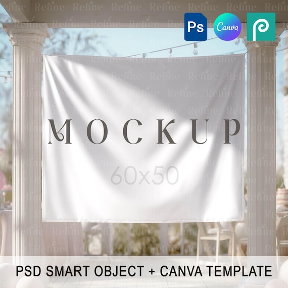 60x50 Tapestry Mockup, Wedding Hanging Banner Template, Birthday Fabric Backdrop Mockup Canva Textile Sign