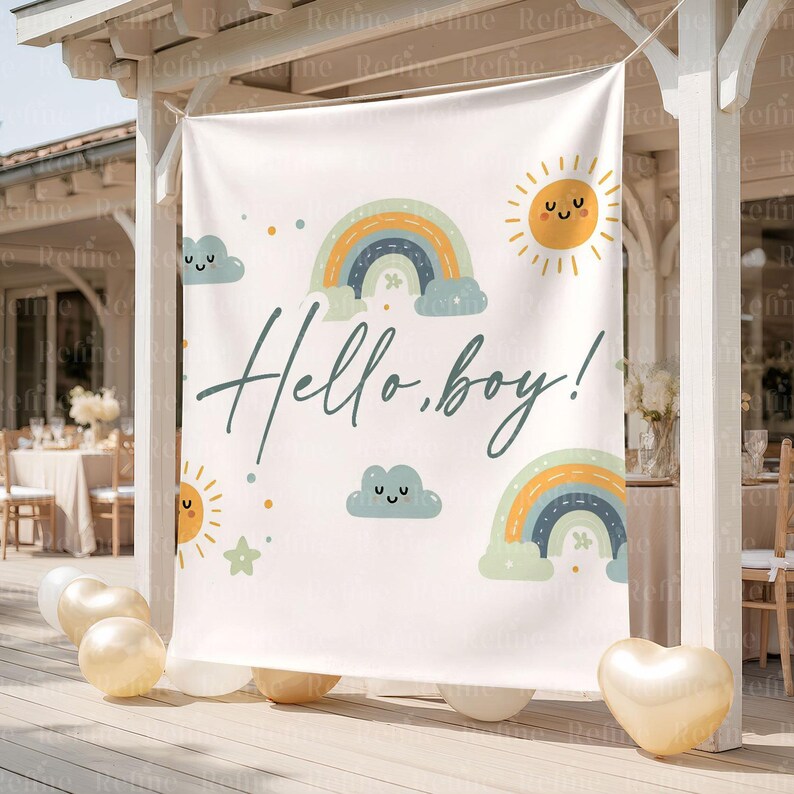 Op de afbeelding: Een cr&egrave;mekleurige banner met de tekst "Hello, boy!" in een scriptlettertype, versierd met regenbogen, lachende zonnen, wolken en sterren in pastelkleuren. Goudkleurige ballonnen staan onderaan. De banner wordt buiten getoond.