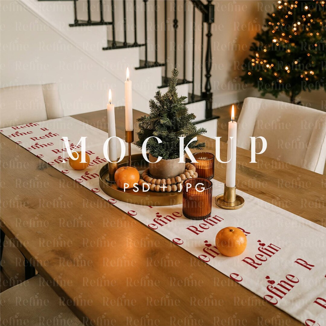 クリスマステーブルランナーのモックアップ、ホリデーファブリックの