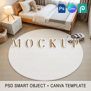 Runder Teppich Canva Mockup, PSD Teppich PSD, Babyzimmer Teppich Vorlage, Kinderteppich Mockup, Kinder Textilmatte Design PNG, leerer Babyteppich Mockup