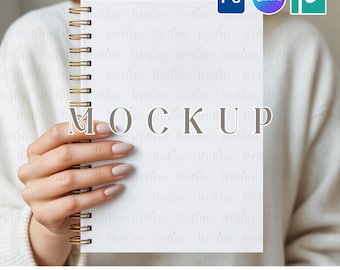 Mockup di quaderno a spirale con mani, diario Boho A5 PSD PNG, mockup di planner Canva Mock-up