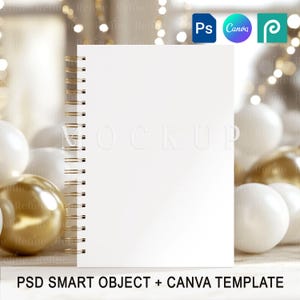 May include: A white spiral-bound notebook with gold-colored binding. The notebook is blank, with the word "MOCKUP" subtly embossed on the cover. The background includes white and gold decorative elements, and the text "PSD SMART OBJECT + CANVA TEMPLATE".