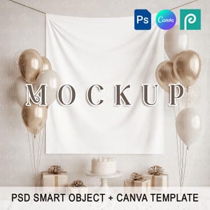 壁掛けタペストリー PSD Canva モックアップ、誕生日パーティー用タペストリー モックアップ、ベビーシャワーまたは保育園用タペストリー モックアップ、50x60 壁飾り布 PNG モックアップ