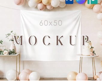 Wall Tapestry Mockup PSD PNG, Boho Nursery or Event Banner Display, White Textile Wall Hanging Horizontal Tapestry Canva Drag & Drop Mockup
