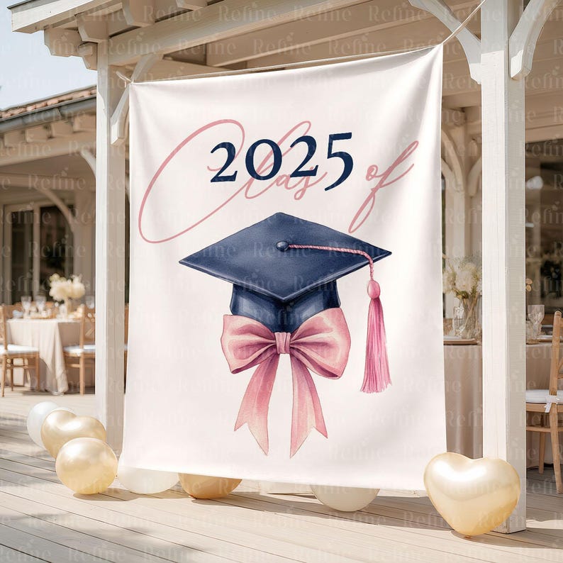 Op de afbeelding: Een witte banner met de tekst "Class of 2025" en een illustratie van een afstudeerhoed. De hoed is marineblauw met een roze kwast en strik. De banner hangt buiten met ballonnen op de voorgrond.