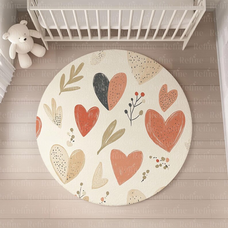 May include: A round cream-colored play mat with a repeating pattern of red, pink, and brown hearts, leaves, and dots.