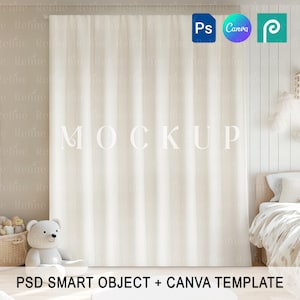 カーテンのモックアップ、窓用ドレープ生地のモックアップ、ボヘミアン風子供部屋カーテンのPSD PNGテンプレート、テキスタイルパターン
