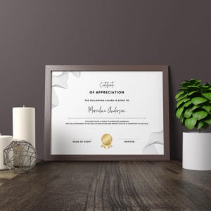 May include: A framed certificate of appreciation with a gold seal and the text "Certificate of Appreciation. The following award is given to Marceline Anderson. This certificate is given to Marceline Anderson for her achievement in the field of education and proves that she is competent in her field. Head of Event. Mentor."
