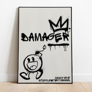 May include: Black and white illustration of a cartoon character with a crown and the word "DAMAGER" in graffiti style. The text "DANNY VIROR INTERPLANETARY CRIMINAL" is at the bottom of the image.